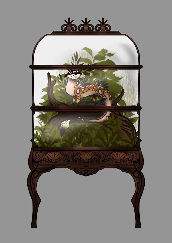 Concept art of “the Skimpus,” a fantastical otter-like creature with fin-like appendages and colorful spines, shown inside an ornate terrarium filled with greenery and branches