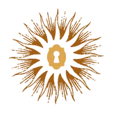 The starwhispers logom a bronze and golden star/sun graphic  with a keyhole at it's centre.Picture