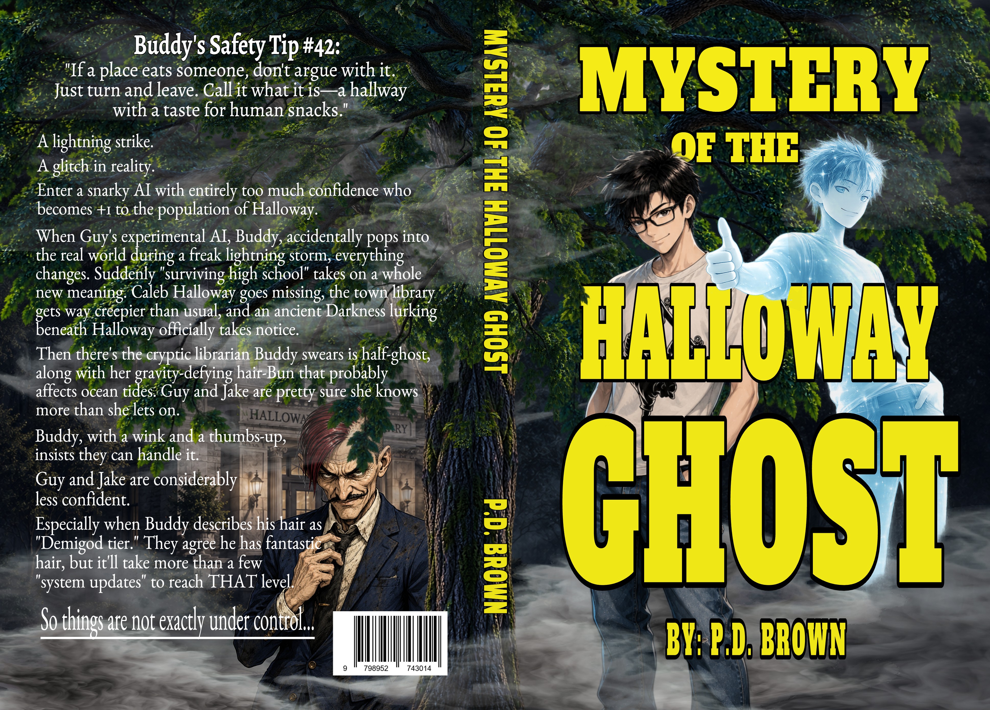 Full book cover featuring a mysterious forest, illustrated characters, supernatural imagery, and back cover text.