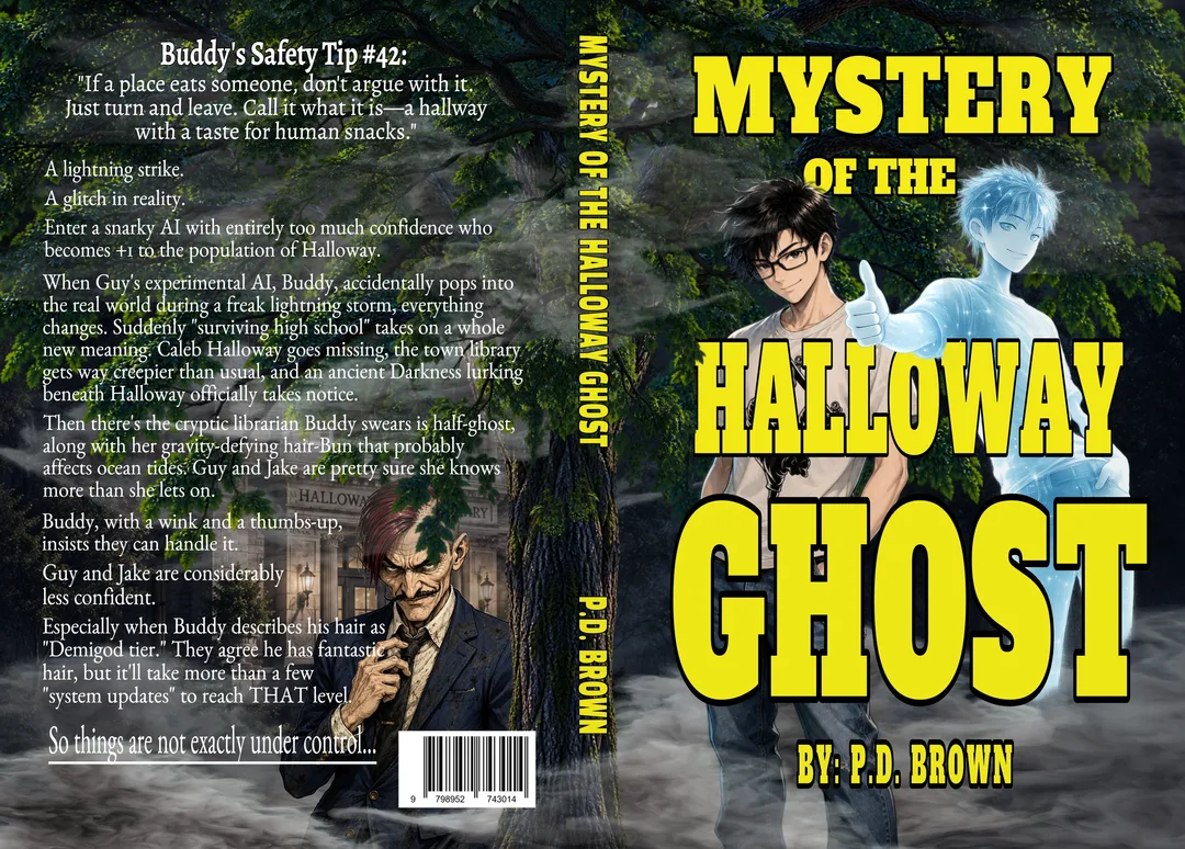 Full book cover featuring a mysterious forest, illustrated characters, supernatural imagery, and back cover text.