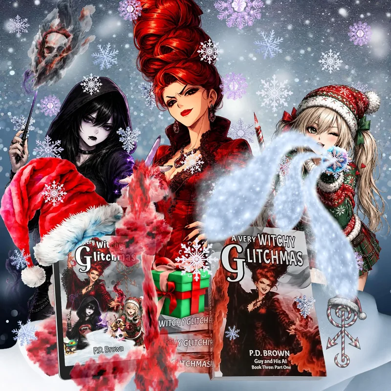 Book cover mockups surrounded by illustrated witches, snowflakes, magical effects, and festive winter imagery.