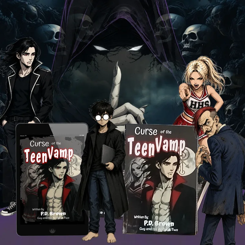 Book cover mockups surrounded by illustrated characters against a dark supernatural background.