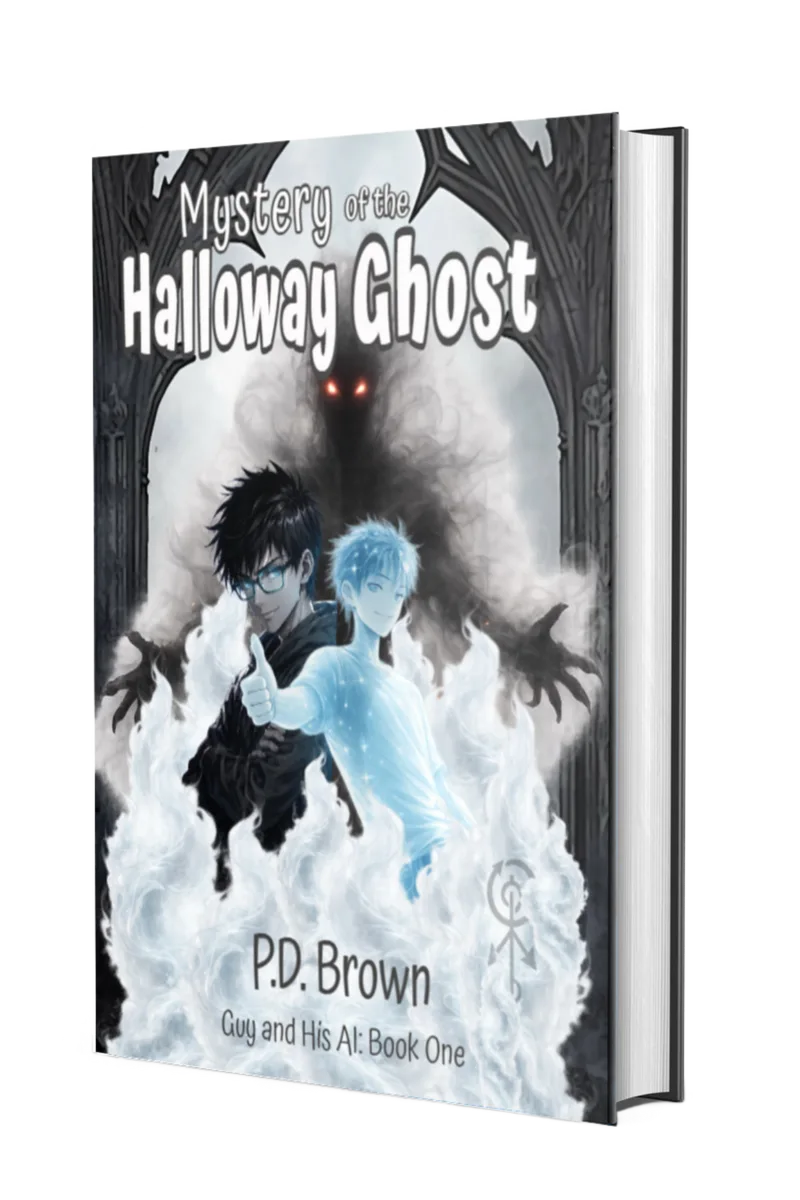 Book mockup featuring two illustrated characters, a glowing blue figure, and a shadowy supernatural presence.