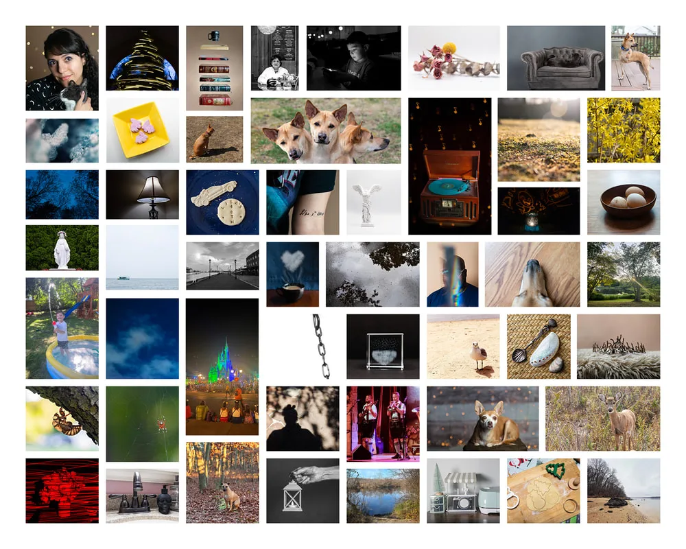 52 photo collage of a mix of color and black and white photos taken in 2023 for the project 52Frames by Laura Paesano of Laura Pea Photography, a Long Island based photographer.