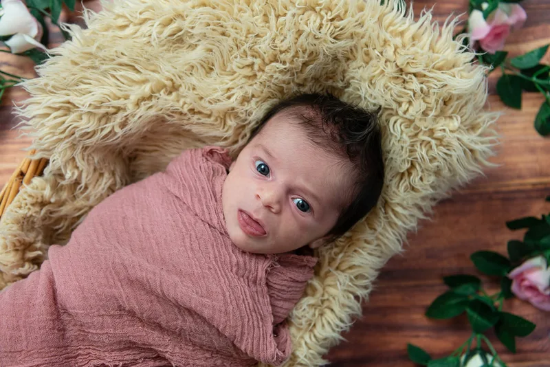color photo of a baby newborn girl with her eyes open wrapped in blankets