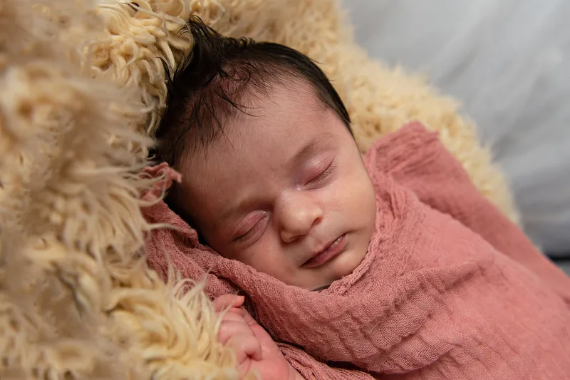 color photo of a baby newborn girl asleep on a fur rug wrapped in a pink blanket