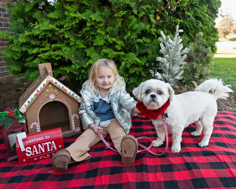 Color photo of a dog and girl in front of Christmas props on a buffalo plaid blanket at the Bayport-Blue Point Library. The photo was taken by Laura of Laura Pea Photography, a Long Island based pet photographer. 