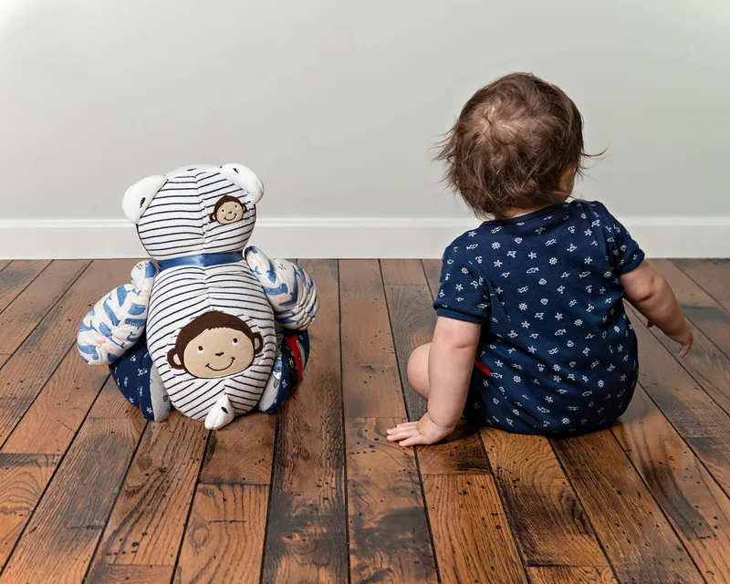 photo of a memory bear by the pretty piggy shop on etsy and a 1 year old baby boy photographed by Laura Pea Photography