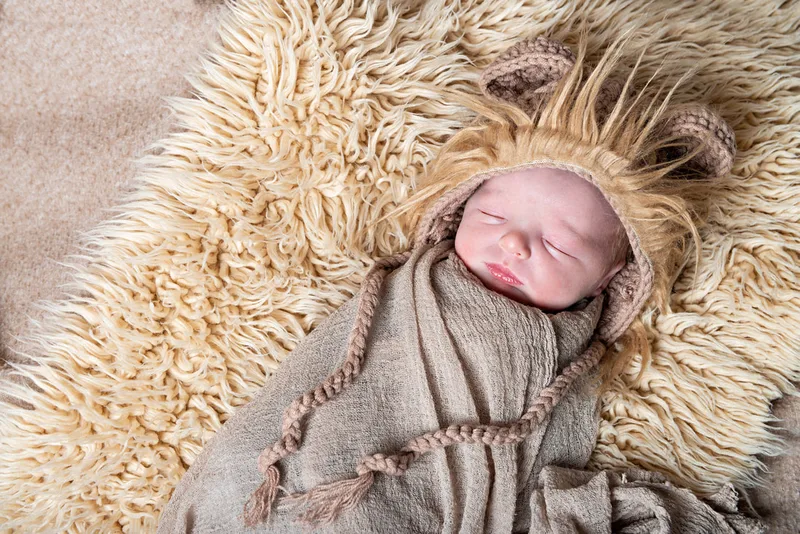 Color photo of a newborn baby boy in a lion outfit on a beige rug. The photo is by Laura Pea Photography, a Long Island newborn and pet photographer. 