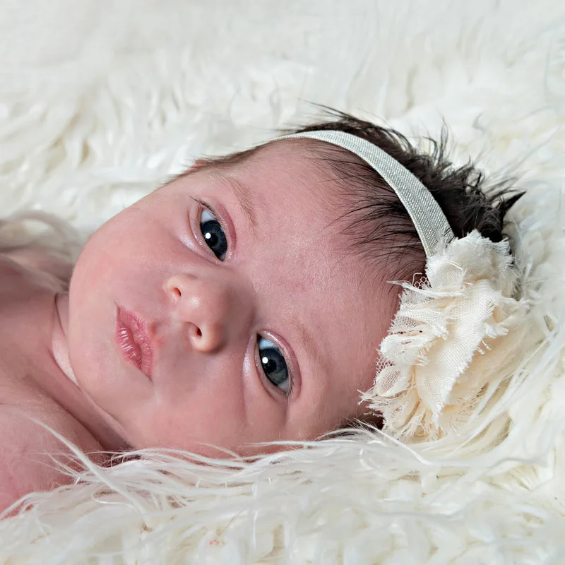 Color closeup photo of a newborn baby girl with a white headband against a white furry rug. The photo was taken by Long Island newborn and pet photographer Laura Pea Photography. 
