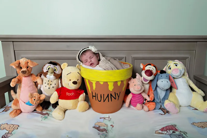 Color photo of a newborn baby girl in a honey pot in her Winnie the Pooh themed nursery surrounded by stuffed animals from the Winnie the Pooh franchise. The photo was taken by Laura Pea Photography, a Long Island newborn and pet photographer. 