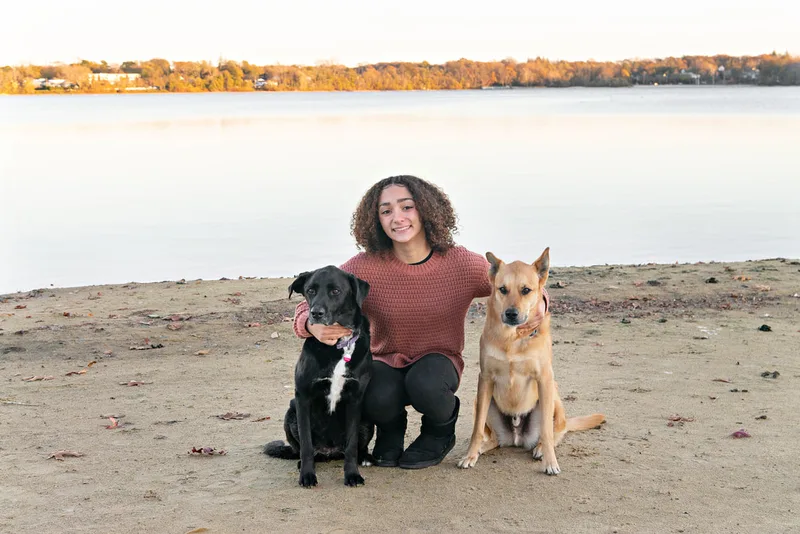 color photo of a teenage girl with a light brown shepherd mix dog and a black and white labrador mix dog sitting on the sandy beach of Lake Ronkonkoma, looking at the camera. Portrait taken by Long Island pet photographer Laura Pea Photography