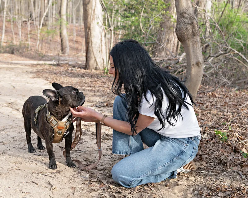 Color photo of a brindle French bulldog dog and his owner, a white woman with black hair wearing a white t-shirt and blue jeans. They pose together in the woods at West Hills Park in Suffolk County. The photo was taken by Laura Pea Photography, a Long Island based pet photographer. 