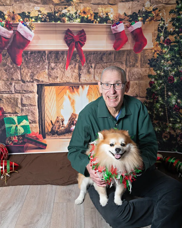 Color photo of a Pomeranian dog posing in front of Christmas holiday props. The photo was taken at Pawcasso in Westhampton Beach by Laura of Laura Pea Photography, a Long Island based pet photographer. 