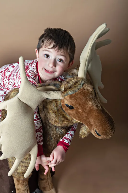 A color photo of a four year old white boy sitting on top of a big stuffed moose in front of a light brown paper backdrop. The photo was taken by Laura Pea Photography, a Long Island based photographer. 
