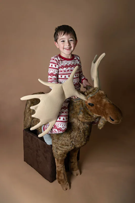 A color photo of a four year old white boy sitting on top of a big stuffed moose in front of a light brown paper backdrop. The photo was taken by Laura Pea Photography, a Long Island based photographer. 