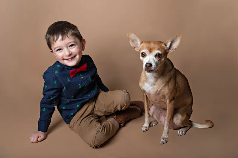 A color photo of a four year old white boy sitting next to a light brown chihuahua mix dog in front of a light brown paper backdrop. The photo was taken by Laura Pea Photography, a Long Island based photographer. 