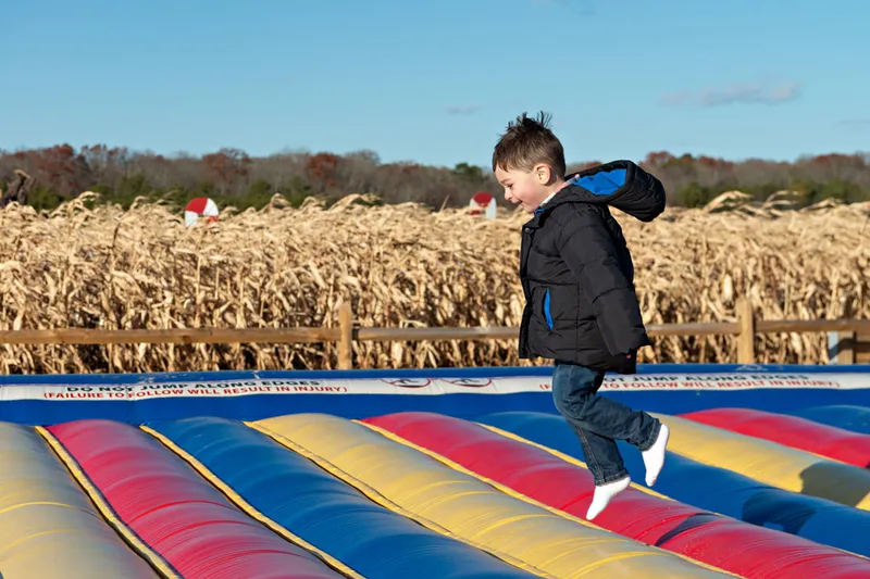 photo of a toddler boy jumping on a jump pad