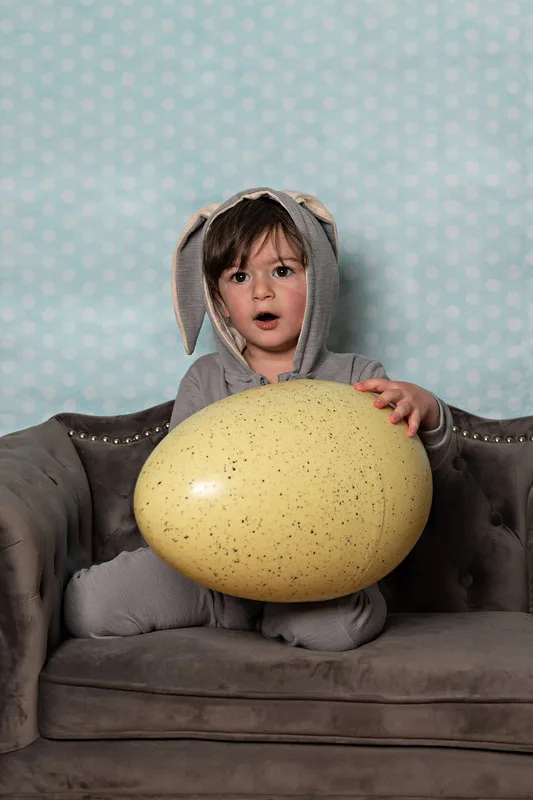 Toddler boy dressed in an Easter bunny costume holding a big yellow egg looking surprised
