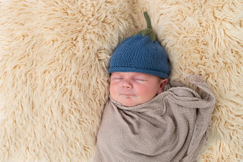 photo of a newborn baby boy in a blueberry hat