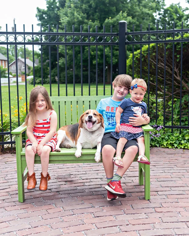 photo of a beagle with three white children on a bench