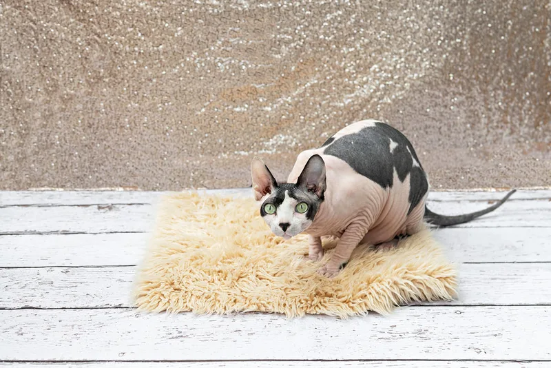 A color photo of a bald hairless Sphynx cat with black spots against a champagne colored sequin backdrop. She is laying down on a cream furry rug on a white wooden floor. The photo is by Laura Pea Photography, a Long Island pet photographer.