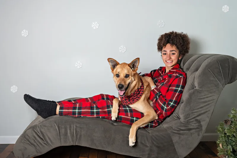 Color photo of a teenage girl wearing Christmas pajamas sitting on a grey couch with her \fawn shepherd mix dog, taken in a photo studio against a snowflake background. The photo was taken by Laura Pea Photography, a Long Island pet photographer. 
