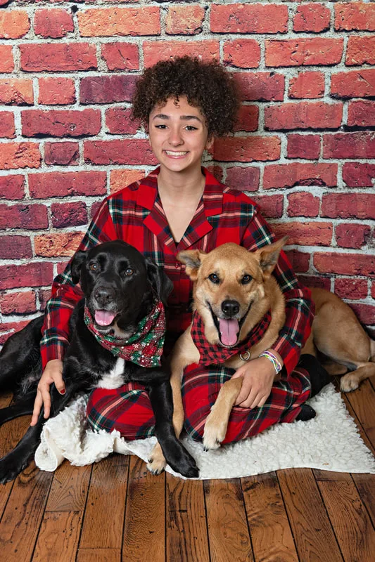 Color photo of a teenage girl wearing Christmas pajamas sitting on a wood floor with her two dogs, a black labrador retriever mix and a fawn shepherd mix, taken in a photo studio against a red brick background. The photo was taken by Laura Pea Photography, a Long Island pet photographer. 