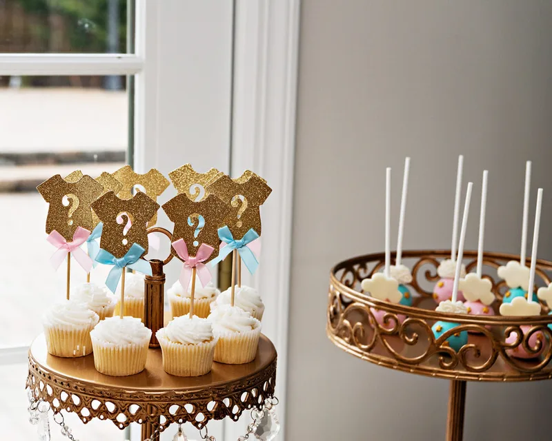 picture of cupcakes with question mark toppers and cake pops on a dessert table at a gender reveal party