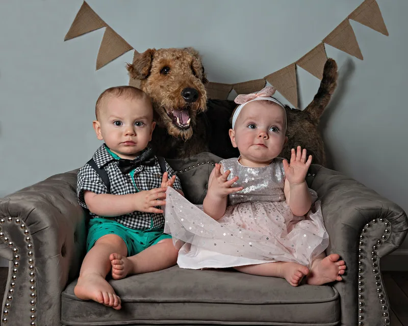 One year old twin boy and girl with their Airedale terrier dog for first birthday photos 