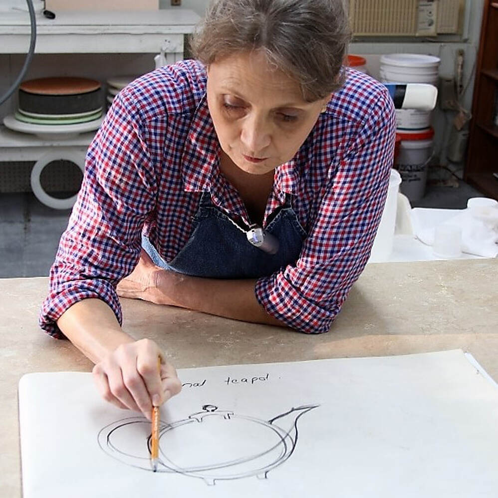 Plan a teapot on paper to ensure that everything is balanced and fit the design. Antoinette Badenhorst discusses the importance of the teapot spout, handle and lid during the recording of the online Pinching Teapot workshop.
