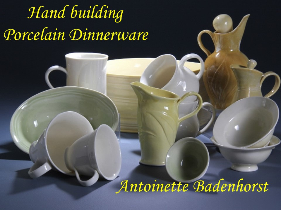 Hand built porcelain dinnerware with some translucency that shows with the light source. This is a promotion for the Handbuilding Porcelain Dinnerware online workshop of Antoinette Badenhorst. It prompts potters to register for the workshop at TeachinArt, the online art school for ceramic education. 