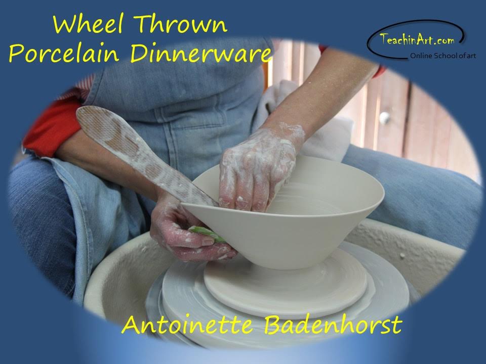 Promotion of the wheelthrown porcelain dinnerware online workshop at TeachinArt. Antoinette Badenhorst shows how to use a wooden tool and Mudtools kidneys to shape and form some of the bowls and platters.