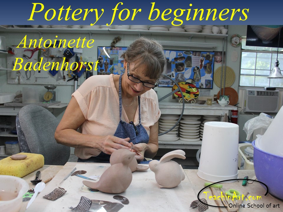 Antoinette demonstrates in this handbuilding pottery online workshop how to make different small animals with pottery clay. The bodies need to be hollow and there are definite rules to follow when structuring clay models. The ceramic class was recorded in Antoinette's studio in Saltillo Mississippi. 