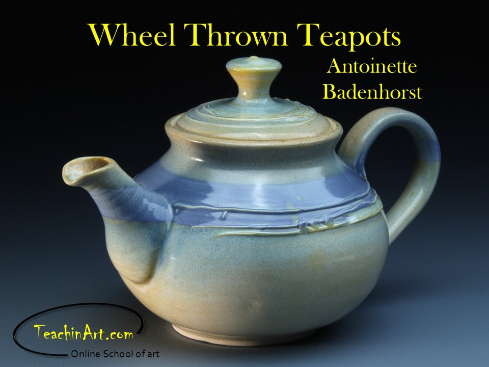 A functional wheel-thrown teapot made by Antoinette Badenhorst. The teapot is glazed and decorated with different glazing colors. The spout will not drip when pouring, the lid is tight fitting, and the handle fits the design of the teapot.
