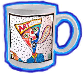 Picture of a mug with a whimsical design with a Triangular Head that says 'Art Official' on the forehead and a voice bubble that says 'Oooh, I like it'