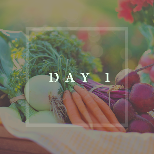 Here is a container full of carrots, onions and beets. There is a slight white square overtop of the photo. In the square there is white capital text that says 