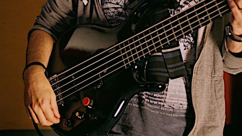 Joseph Patrick Moore recording on his green Medulla 5 string bass.