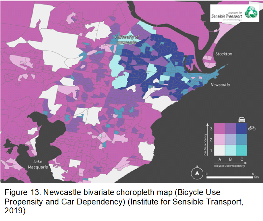 Figure 13. Newcastle bivariate choropleth map (Bicycle Use Propensity and Car Dependency) (Institute for Sensible Transport, 2019).