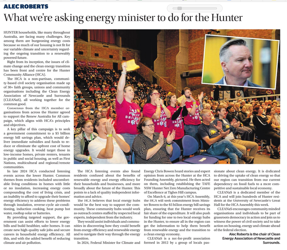 Screen shot of article in Newcastle Herald.  Pictured last year's HCA founding assembly crows wityh inset headsghot of Minister Bowen.