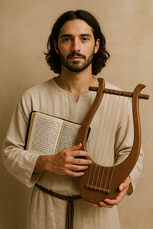 Believer playing an ancient biblical lyre to revive the prophetic worship of the Psalms in their original Hebrew form