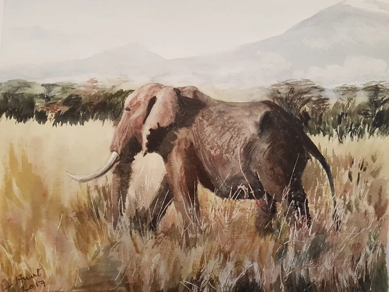 Lone bull elephant passing Mt. Kilimanjarro