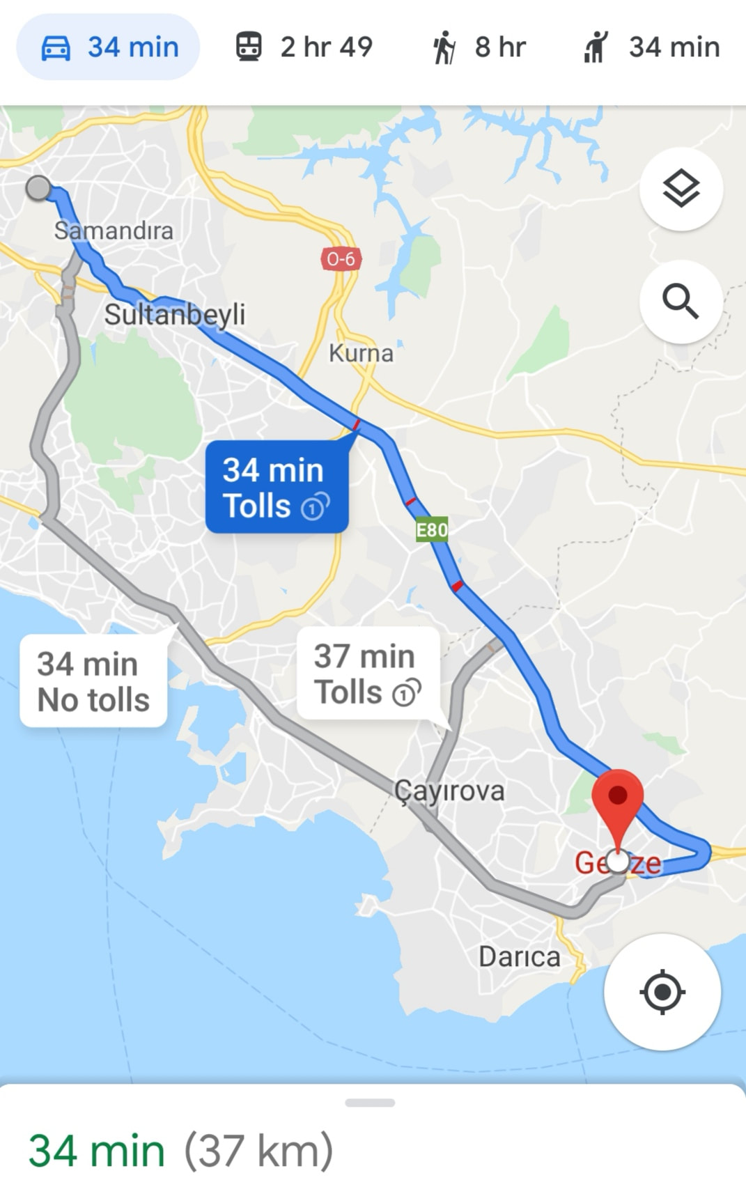 sarigazi gebze arası mesafe haritası