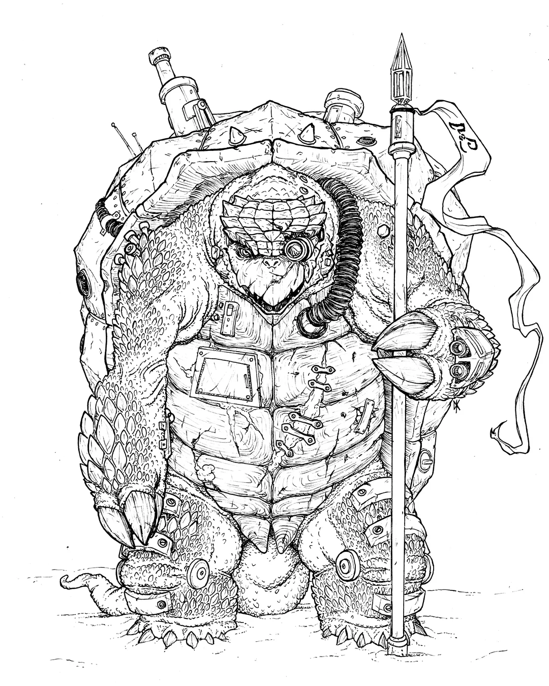 A black & white ink drawing of a Carcosan Tyrant, a reptilian, techno-magical cyborg. He is holding a sophisticated-looking spear from which hangs a banner bearing the Yellow Sign. 