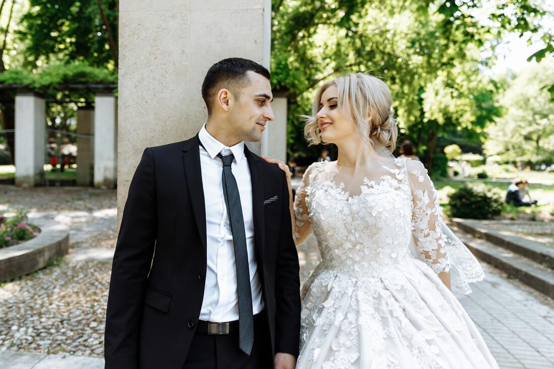 wedding couple looking at each other