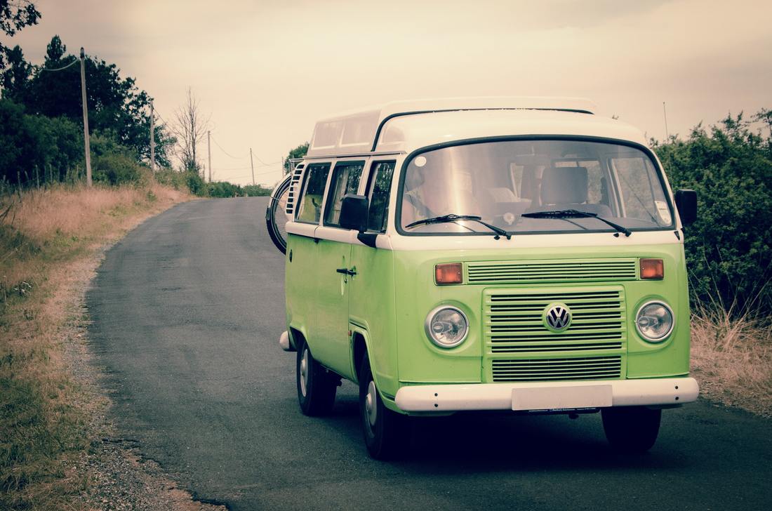 VW camper van, vintage VW, green VW van, 60s VW van