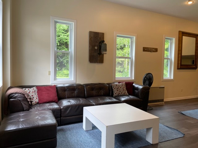 living room with couches, pool table, seating areas