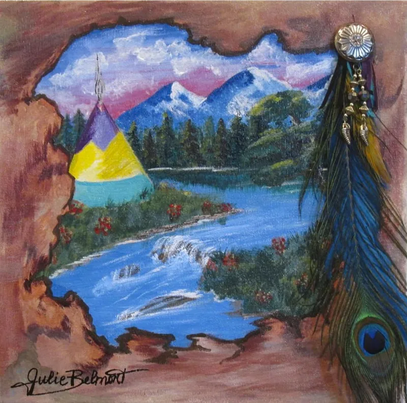 Back in Time, painting of a peaceful scene of Native American camp by a flowing river.