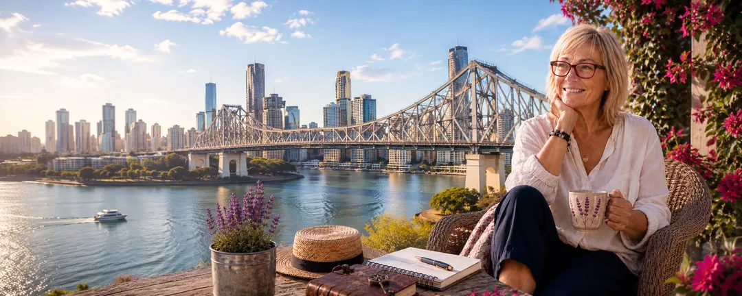Author Jill Shelton smiles while sitting on a balcony holding a mug, looking out over a river and city skyline featuring the Story bridge in Brisbane.