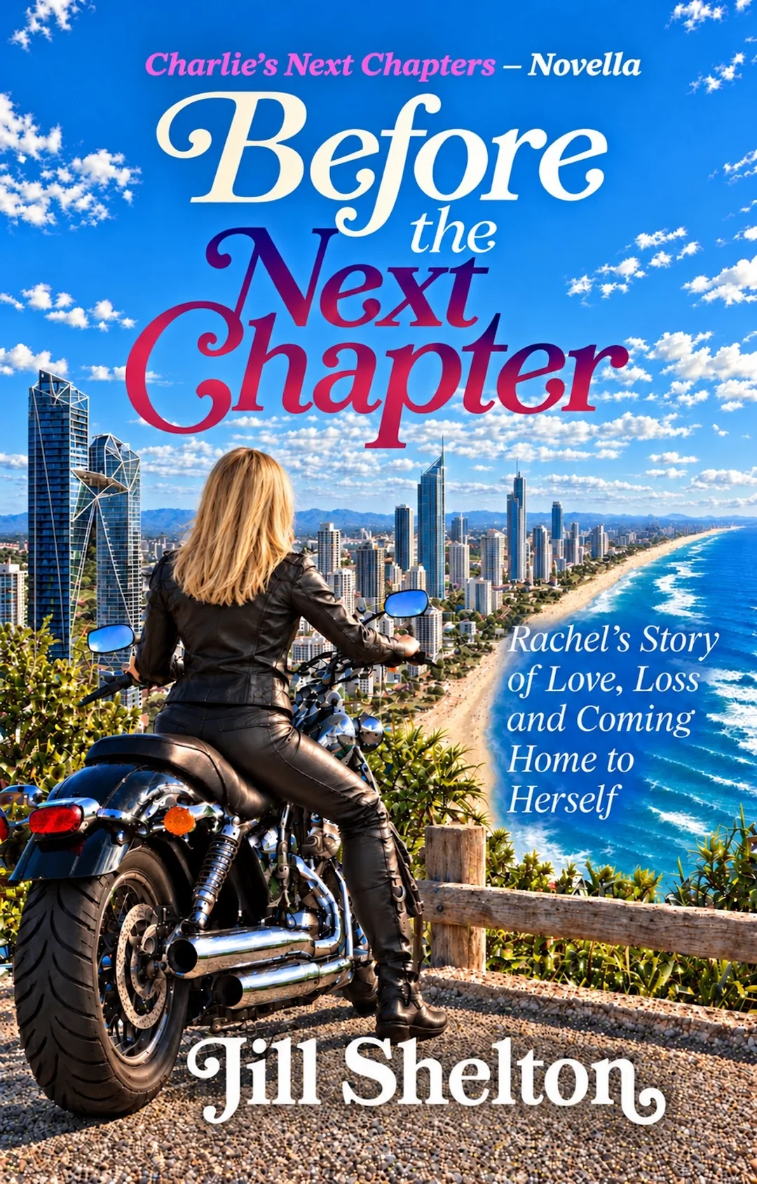 Cover of Before the Next Chapter by Jill Shelton, a novella in Charlie’s Next Chapters. A blonde woman wearing a black leather jacket, trousers and boots sits astride a black and chrome motorcycle, viewed from behind at a coastal lookout. Beyond a wooden fence, a city skyline stretches alongside a long sandy beach and bright blue ocean beneath a blue sky dotted with white clouds. The title appears in large flowing cream, purple and pink lettering. The tagline reads, “Rachel’s Story of Love, Loss and Coming Home to Herself.”